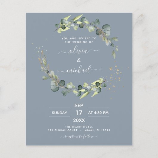 Budget Dusty Blue Eucalyptus Wedding Einladungen Flyer (Vorne)
