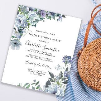 Budget Dusty Blue Floral 100. Geburtstag Einladung