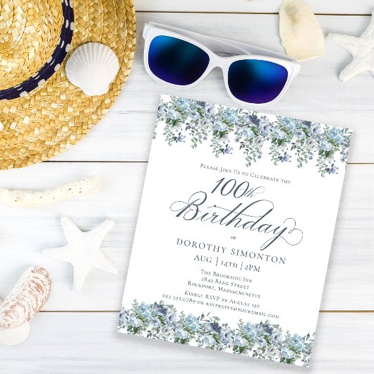 Budget Dusty Blue Floral 100. Geburtstag Einladung