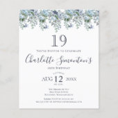 Budget Dusty Blue Floral 19. Geburtstag Einladung (Vorderseite)