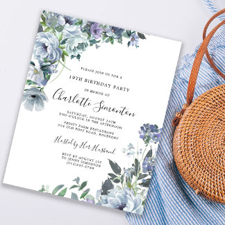 Budget Dusty Blue Floral 19. Geburtstag Einladung