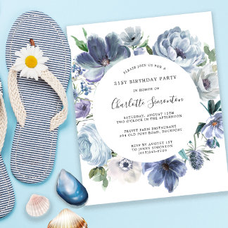 Budget Dusty Blue Floral 21. Geburtstag Einladung