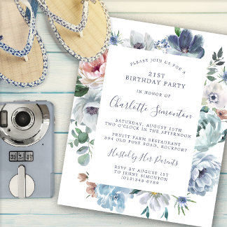 Budget Dusty Blue Floral 21. Geburtstag Einladung