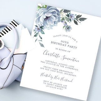 Budget Dusty Blue Floral 30. Geburtstag Einladung