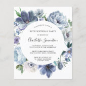 Budget Dusty Blue Floral 30. Geburtstag Einladung (Vorderseite)