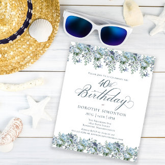 Budget Dusty Blue Floral 40. Geburtstag Einladung