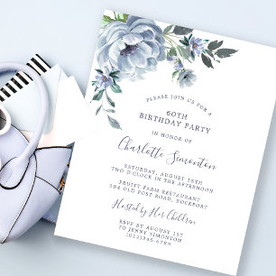 Budget Dusty Blue Floral 60. Geburtstag Einladung