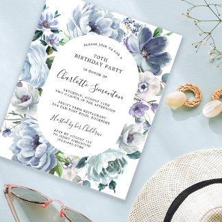 Budget Dusty Blue Floral 70. Geburtstag Einladung