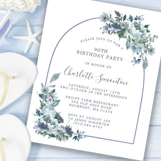 Budget Dusty Blue Floral 90. Geburtstag Einladung