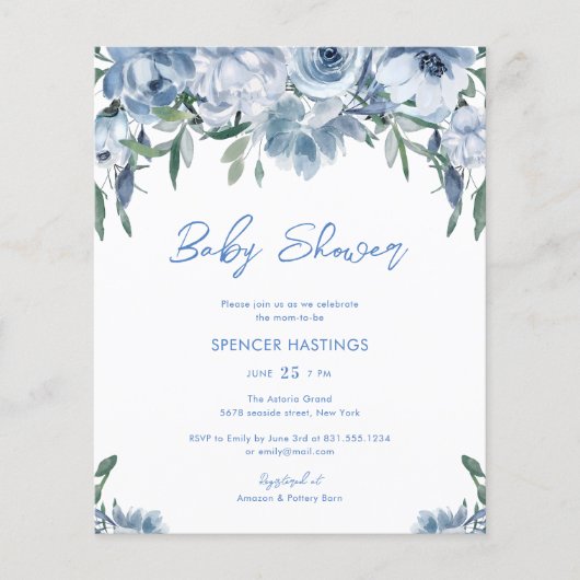 Budget Dusty Blue Floral Baby Boy Dusche lädt ein Flyer (Vorne)