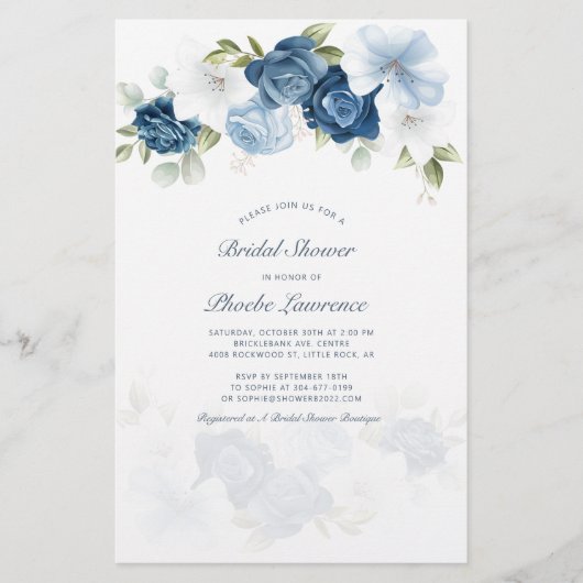 Budget Dusty Blue Floral Bridal Dusche Einladung Briefpapier (Vorderseite)
