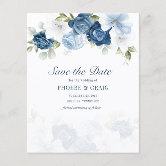 Budget Dusty Blue Floral Eukalyptus Save the Date (Vorderseite)
