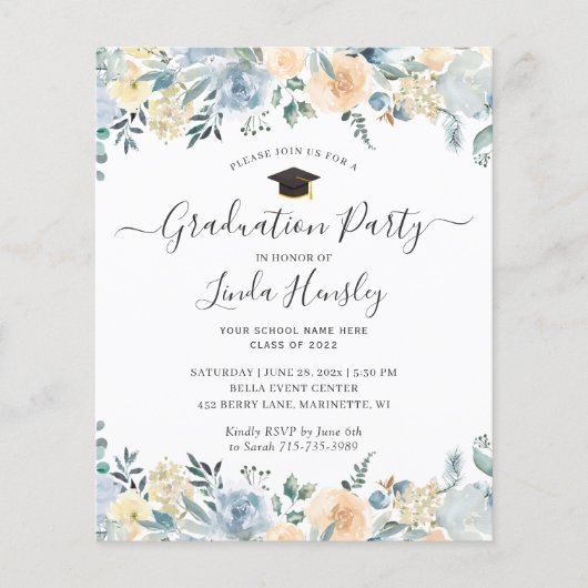 Budget Dusty Blue Floral Graduation Party Einladun (Vorderseite)