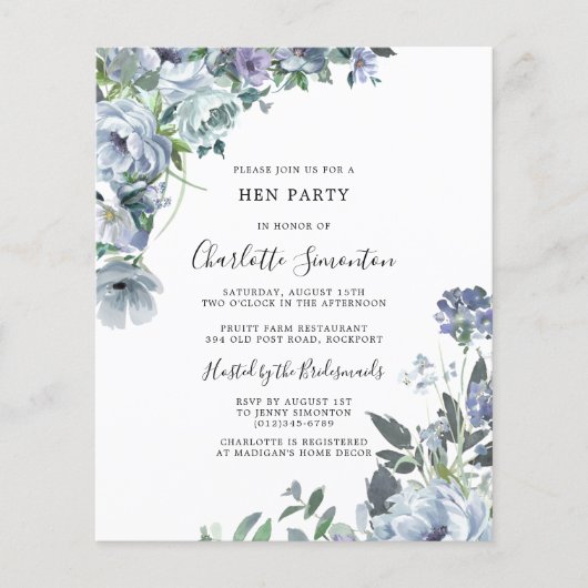 Budget Dusty Blue Floral Hen Party Einladung (Vorderseite)