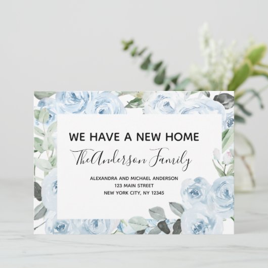 Budget Dusty Blue Floral Moving Ankündigung (Stehend Vorderseite)