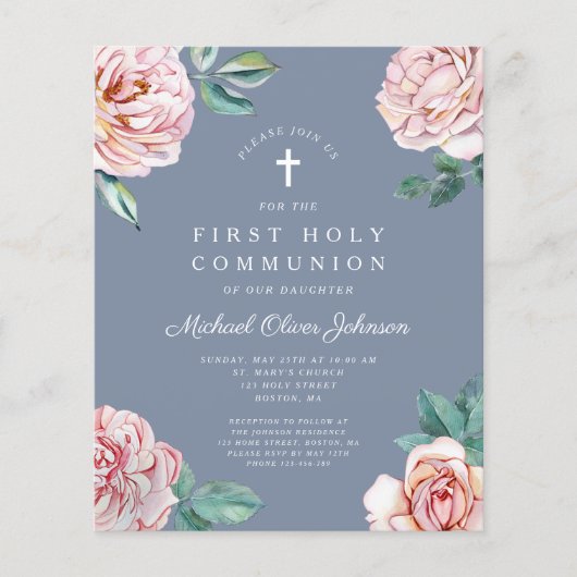 Budget Dusty Blue Floral Peonies Erste Kommune (Vorderseite)