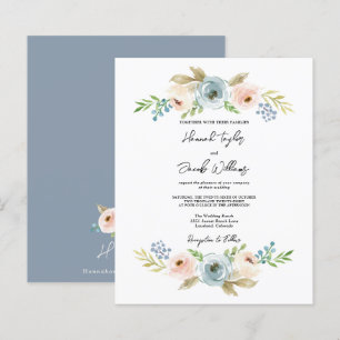 Budget Dusty Blue Floral Rustic Wedite Einladung