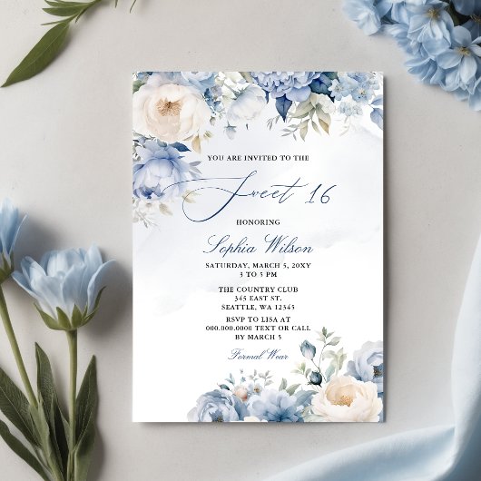 Budget Dusty Blue Floral Sweet 16 Einladung