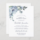 Budget Dusty Blue Floral Sweet 16 Einladung (Vorne/Hinten)