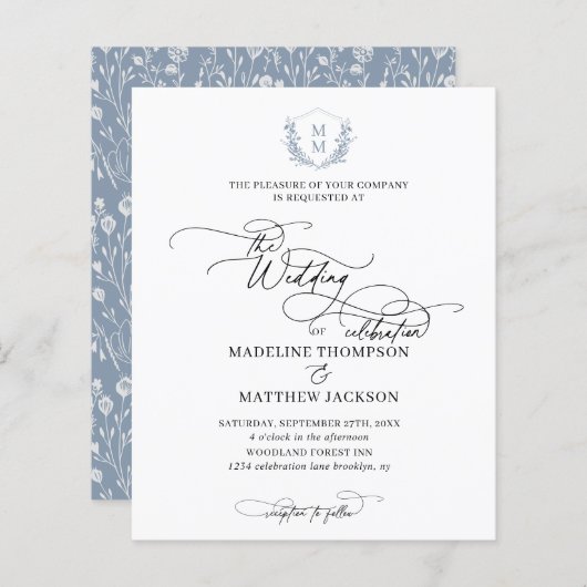 Budget Dusty Blue Floral Wappen Monogram Wedding (Vorne/Hinten)