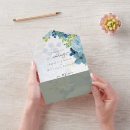 Budget Dusty Blue Floral Wedding All In One Einladung