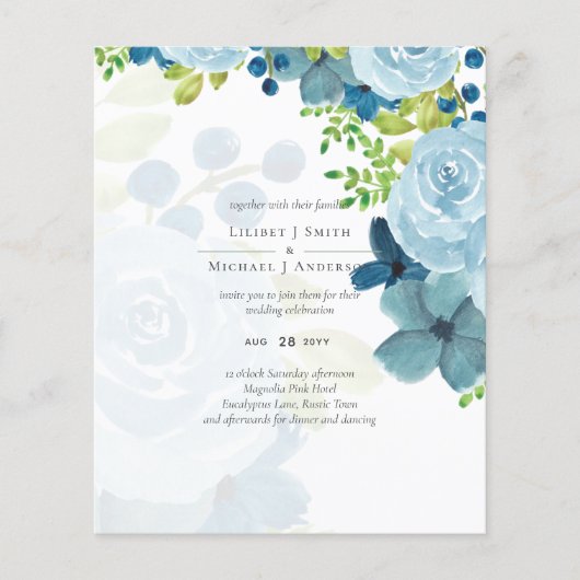 Budget Dusty Blue Floral Wedding Flyer (Vorne)
