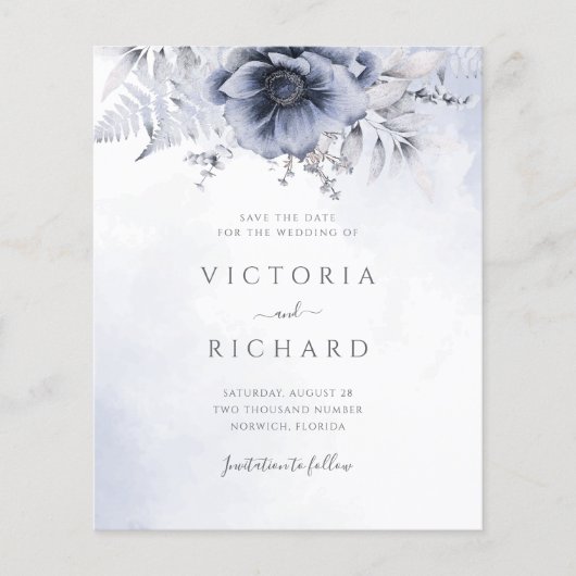 Budget Dusty Blue Floral Wedding speichern Datum (Vorderseite)