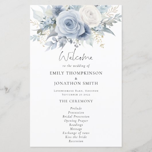 Budget Dusty Blue Florals Wedding Program (Vorderseite)