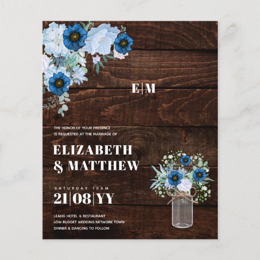 Budget Dusty Blue Flowers Mason Jar Wedding Einlad Flyer (Vorne)