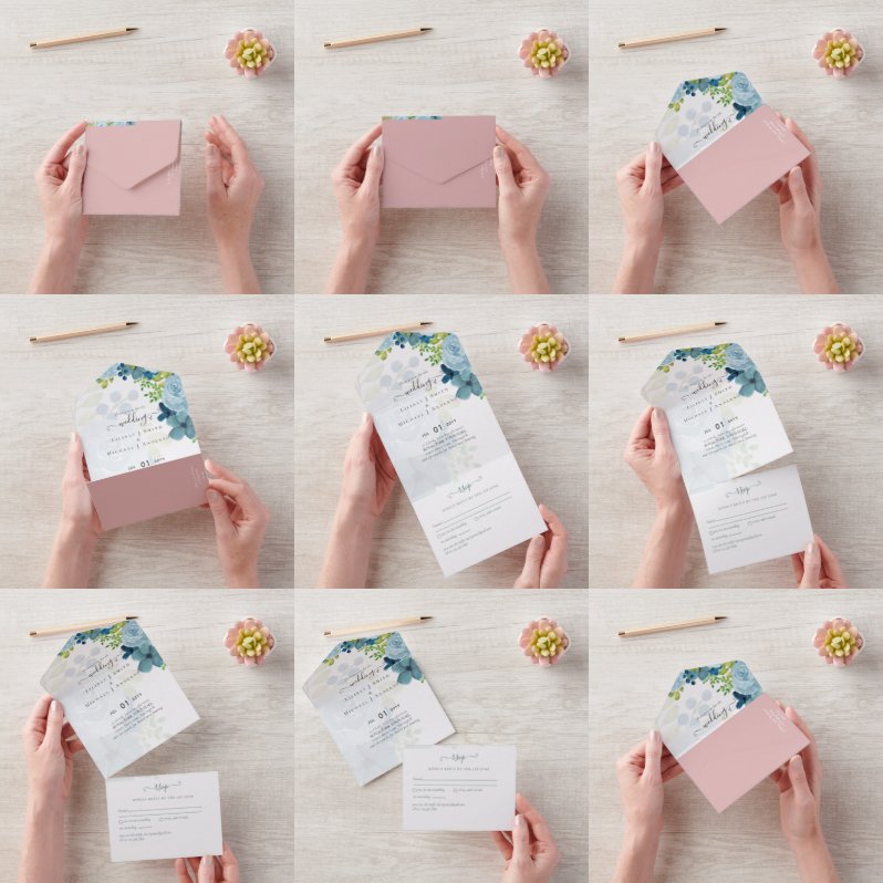 Budget Dusty Blue Flowers Sage Wedding All In One Einladung