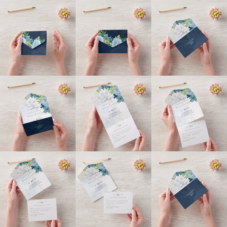 Budget Dusty Blue Flowers Sage Wedding All In One Einladung