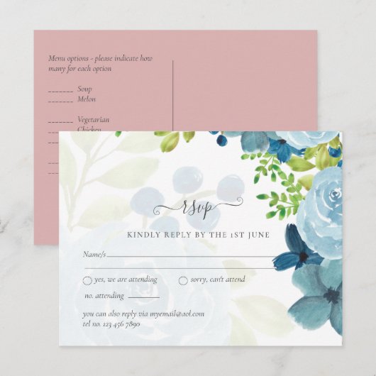 Budget Dusty Blue Flowers Sage Wedding Postkarte (Vorne/Hinten)