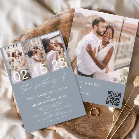 Budget Dusty Blue Foto QR Code Einladung Hochzeit Flyer