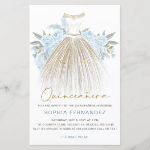 Budget Dusty Blue Gold Dress Quinceañera Einladung