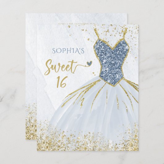 Budget Dusty Blue Gold Dress Sweet 16 Einladung (Vorne/Hinten)
