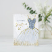 Budget Dusty Blue Gold Dress Sweet 16 Einladung (Stehend Vorderseite)