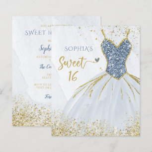 Budget Dusty Blue Gold Dress Sweet 16 Einladung