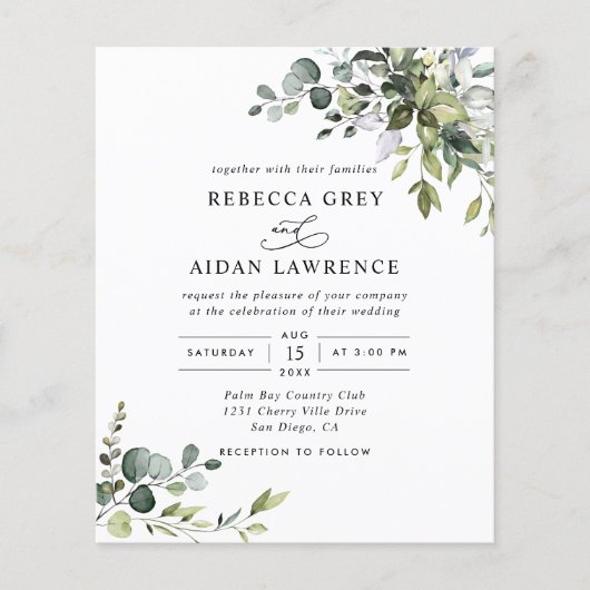 Budget Dusty Blue Greenerity Einladung Hochzeit (Vorderseite)