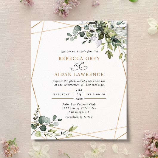 Budget Dusty Blue Greenery Gold Hochzeit Einladung