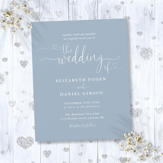 Budget Dusty Blue Hearts Script Wedding Einladung
