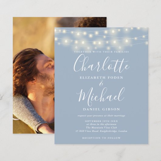 Budget Dusty Blue Lights Foto Hochzeit Einladung (Vorne/Hinten)