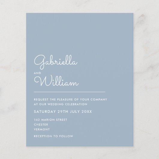 Budget Dusty Blue Minimalistisch Wedding Einladung (Vorderseite)