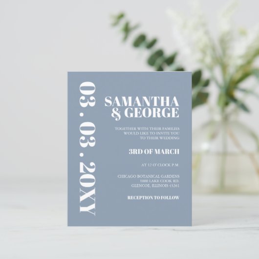 Budget Dusty Blue Modern Wedding Einladung (Stehend Vorderseite)