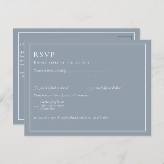 Budget Dusty Blue Monochrome Wedding RSVP Postkarte (Vorne/Hinten)