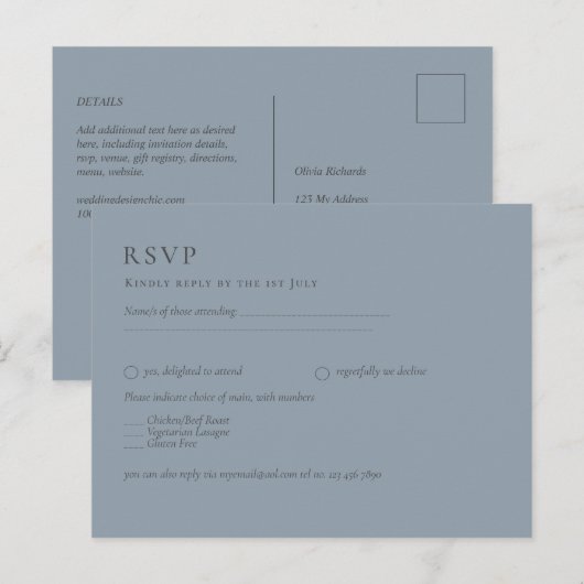 Budget Dusty Blue Monochrome Wedding RSVP Postkarte (Vorne/Hinten)
