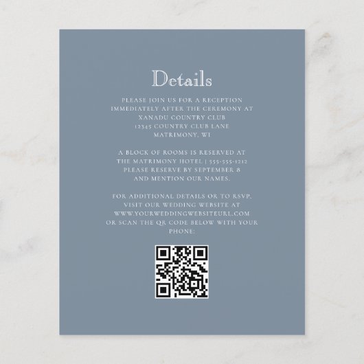 Budget Dusty Blue Monogram Wappen QR Code Wedding (Rückseite)