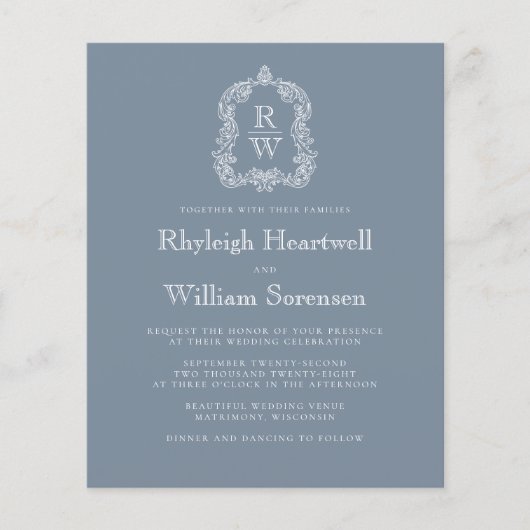 Budget Dusty Blue Monogram Wappen QR Code Wedding (Vorderseite)
