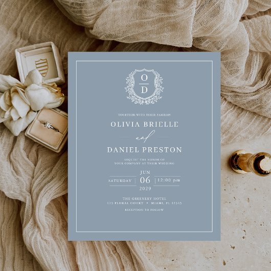 Budget Dusty Blue Monogram Wedding Einladung