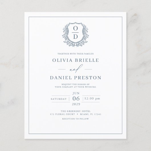 Budget Dusty Blue Monogram Wedding Einladung Flyer (Vorne)