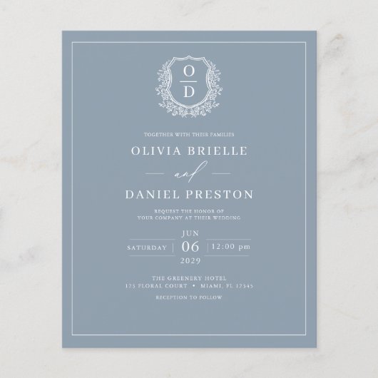 Budget Dusty Blue Monogram Wedding Einladung Flyer (Vorne)